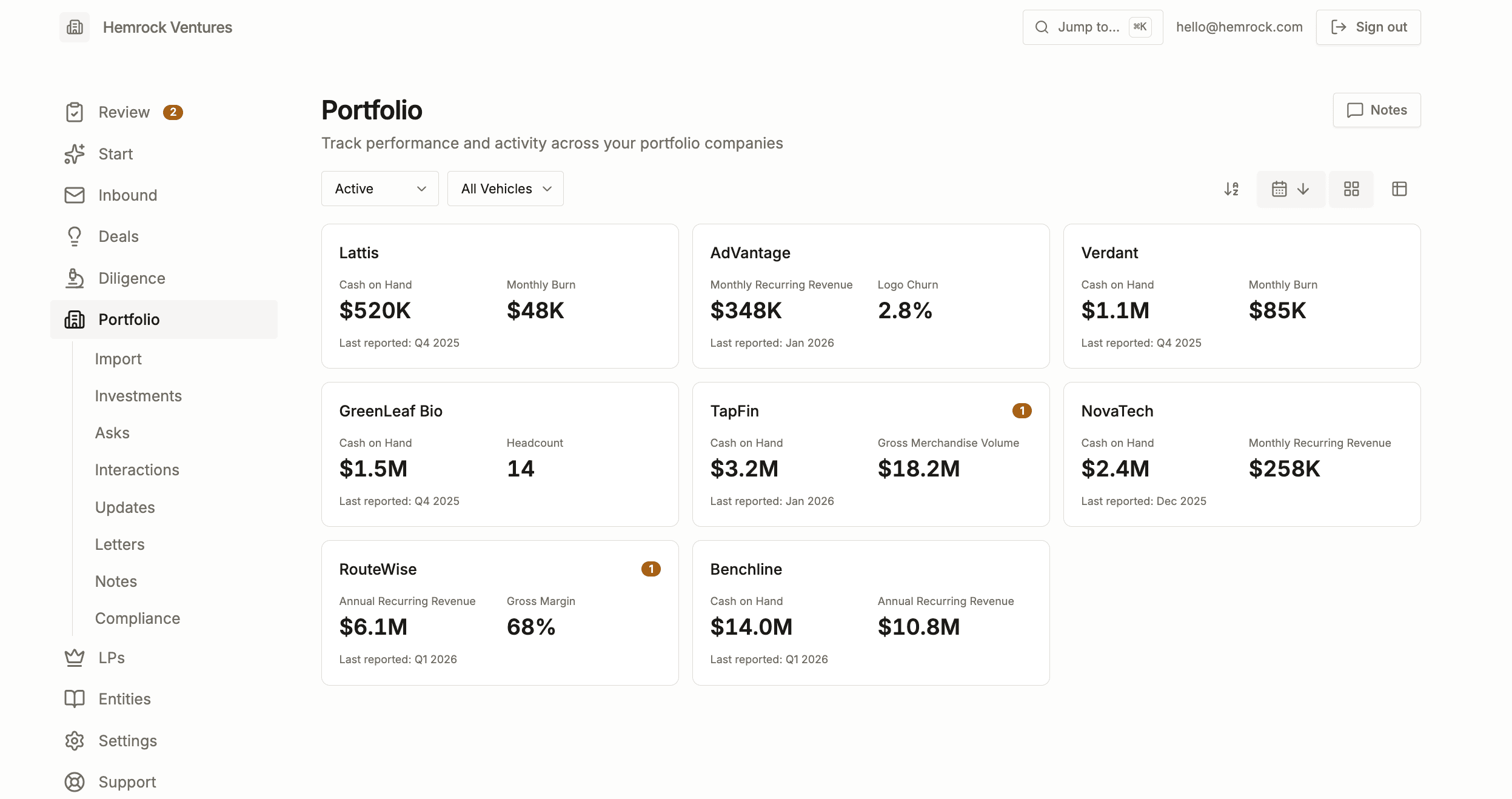Portfolio view: cash, burn, and revenue metrics for each portfolio company